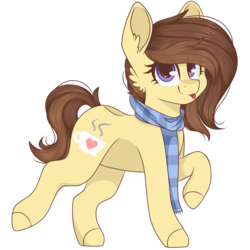 Size: 2048x2048 | Tagged: safe, artist:cinnamontee, oc, oc only, oc:coffee, earth pony, pony, clothes, female, high res, mare, raised hoof, scarf, simple background, solo, tongue out, transparent background, walking