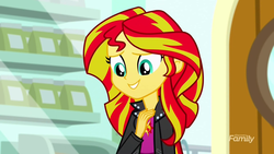 Size: 1280x720 | Tagged: safe, screencap, sunset shimmer, equestria girls, g4, my little pony equestria girls: summertime shorts, pet project, clothes, female, jacket, leather jacket, smiling, solo