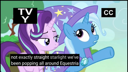 Size: 1920x1080 | Tagged: safe, screencap, starlight glimmer, trixie, pony, unicorn, g4, to change a changeling, closed captioning, clothes, female, lidded eyes, mare, meme, tv-y, youtube caption