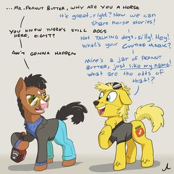 Size: 3600x3600 | Tagged: safe, artist:docwario, pony, alcohol, bojack horseman, clothes, dialogue, grumpy, high res, male, mr. peanutbutter, ponified