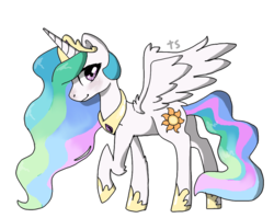 Size: 990x790 | Tagged: safe, artist:toffeescout, princess celestia, alicorn, pony, g4, blushing, female, leg fluff, looking at you, mare, raised hoof, simple background, solo, spread wings, white background, wing fluff, wings
