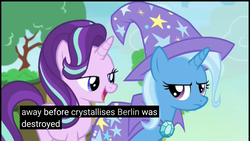 Size: 1920x1080 | Tagged: safe, edit, edited screencap, screencap, starlight glimmer, trixie, pony, unicorn, g4, to change a changeling, berlin, clothes, female, germany, mare, meme, youtube caption