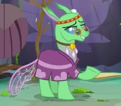 Size: 821x720 | Tagged: safe, screencap, tymbal, changedling, changeling, g4, season 7, to change a changeling, clothes, cropped, grin, hippieling, lidded eyes, needs more jpeg, pince-nez, raised hoof, smiling, solo