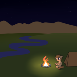 Size: 2000x2000 | Tagged: safe, artist:neuro, oc, oc only, earth pony, pony, campfire, camping, high res, night, river, sitting, solo, tent