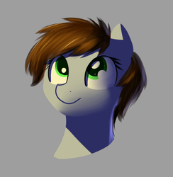 Size: 658x675 | Tagged: safe, artist:neuro, oc, oc only, oc:littlepip, pony, fallout equestria, bust, fanfic, fanfic art, female, gray background, mare, missing horn, portrait, simple background, smiling, solo