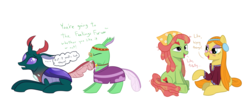 Size: 1800x800 | Tagged: safe, artist:mightyshockwave, pharynx, tree hugger, tymbal, wheat grass, changedling, changeling, earth pony, pony, g4, to change a changeling, clothes, dialogue, feelings forum, headband, hippie, hippieling, prince pharynx, simple background, tail, tail pull