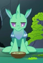 Size: 492x720 | Tagged: safe, screencap, soupling, changedling, changeling, g4, to change a changeling, changeling food, cropped, food, horn, looking down, male, solo, soup