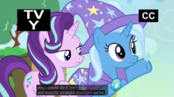 Size: 1349x754 | Tagged: safe, screencap, starlight glimmer, trixie, pony, unicorn, g4, to change a changeling, closed captioning, female, frown, lidded eyes, mare, meme, not straight, pointing, tv-y, youtube caption