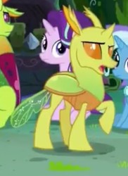 Size: 442x606 | Tagged: safe, screencap, clypeus, starlight glimmer, thorax, trixie, changedling, changeling, g4, to change a changeling, background changeling, cropped, horn, king thorax, open mouth, raised hoof, solo focus, talking