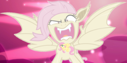 Size: 960x480 | Tagged: safe, artist:bobsicle0, artist:echoes111, edit, edited screencap, screencap, fluttershy, bat pony, pegasus, pony, equestria girls, g4, my little pony equestria girls: legend of everfree, female, flutterbat, mare, purple background, race swap, simple background, you're going to love me