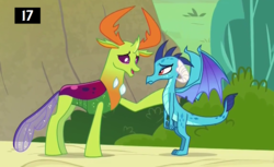 Size: 1152x706 | Tagged: safe, screencap, princess ember, thorax, changedling, changeling, dragon, g4, triple threat, king thorax