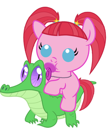 Size: 886x1017 | Tagged: safe, artist:red4567, gummy, pacific glow, pony, g4, baby, baby pony, cute, glowbetes, pacifier, ponies riding gators, riding, simple background, white background