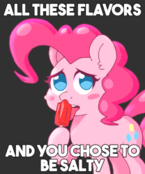 Size: 500x600 | Tagged: safe, artist:omegaozone, pinkie pie, earth pony, pony, animated, blush sticker, blushing, caption, cute, diapinkes, female, food, frame by frame, gif, ice cream, image macro, licking, looking at you, mare, meme, popsicle, reaction image, salt, salty, simple background, solo, text, tongue out