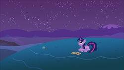 Size: 1600x900 | Tagged: artist needed, safe, twilight sparkle, pony, unicorn, g4, book, female, field, grass, grass field, hill, looking up, mare, mountain, night, outdoors, prone, relaxing, smiling, solo, stars