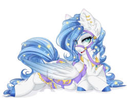 Size: 1024x819 | Tagged: safe, artist:pvrii, oc, oc only, oc:midnight radiance, pegasus, pony, bridle, female, looking at you, mare, open mouth, prone, simple background, smiling, solo, tack, transparent background, watermark