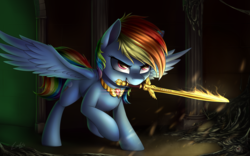 Size: 4000x2500 | Tagged: safe, artist:deltauraart, rainbow dash, pegasus, pony, fanfic:austraeoh, g4, element of loyalty, fanfic, fanfic art, female, jewelry, jewelry only, mare, mouth hold, necklace, solo, sword, weapon