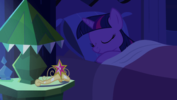 Size: 1920x1080 | Tagged: safe, screencap, twilight sparkle, alicorn, pony, equestria girls, g4, my little pony equestria girls, bed, bedside stand, big crown thingy, blanket, crown, cute, eyes closed, female, jewelry, lamp, mare, night, pillow, regalia, sleeping, smiling, solo, twiabetes, twilight sparkle (alicorn)