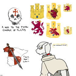 Size: 1800x1800 | Tagged: safe, artist:pony quarantine, big cat, earth pony, lion, pony, angry, armor, babieca, belt, castle, cloak, clothes, cross, crown, cutie mark, design, jewelry, long tongue, looking back, regalia, sketch, skull, solo, spain, sword, text, tizona, tongue out, warpone, weapon