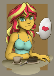 Size: 764x1080 | Tagged: safe, artist:gabbslines, sunset shimmer, equestria girls, g4, breasts, clothes, cup, food, heart, looking at you, pictogram, pie, plate