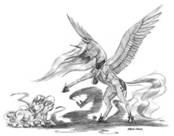 Size: 1400x1094 | Tagged: safe, artist:baron engel, diamond tiara, princess luna, silver spoon, alicorn, earth pony, pony, g4, female, filly, glasses, grayscale, mare, monochrome, rearing, scared, simple background, sketch, spread wings, traditional art, wings