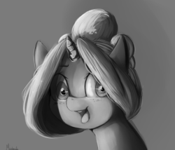 Size: 1400x1200 | Tagged: safe, artist:miokomata, oc, oc only, pony, unicorn, female, mare, monochrome, open mouth, sketch, smiling, solo