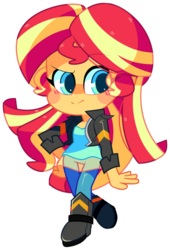 Size: 646x951 | Tagged: safe, artist:riouku, sunset shimmer, equestria girls, g4, chibi, clothes, cute, female, jacket, leather jacket, mini, pants, shimmerbetes, shirt, simple background, smiling, solo, transparent background