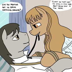 Size: 1800x1800 | Tagged: safe, artist:pony quarantine, earth pony, pony, biting, clothes, eye contact, female, intimate, long mane, looking at each other, lucy long, male, mare, necktie, pillow, rolled up sleeves, ropes, shirt, smiling, stallion, text, this will end in snu snu, traveller, warpone, window