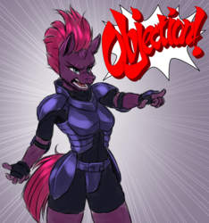 Size: 1053x1124 | Tagged: safe, artist:mykegreywolf, tempest shadow, unicorn, anthro, g4, my little pony: the movie, ace attorney, armor, breasts, broken horn, dialogue, eye scar, female, horn, mare, objection, phoenix wright, reference, scar, solo