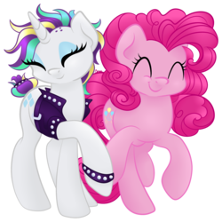 Size: 2000x2000 | Tagged: safe, artist:orcakisses, pinkie pie, rarity, pony, g4, it isn't the mane thing about you, ^^, alternate hairstyle, cute, eyes closed, female, high res, lesbian, mare, poofy pie, punk, raripunk, ship:raripie, shipping, simple background, smiling, transparent background