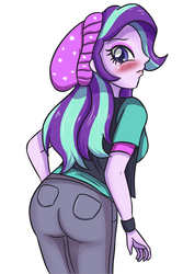 Size: 2362x3543 | Tagged: safe, artist:sumin6301, starlight glimmer, equestria girls, equestria girls specials, g4, mirror magic, ass, beanie, blushing, butt, clothes, female, glimmer glutes, hat, high res, pants, simple background, solo, watch, white background