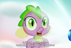 Size: 1785x1214 | Tagged: safe, artist:chiptunebrony, spike, dragon, g4, my little pony: the movie, 2017, barb, fake screencap, floating, gem, philosopher's stone, rule 63, sapphire, smiling, style emulation, subtitles, water sapphire
