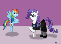 Size: 2250x1600 | Tagged: dead source, safe, artist:afterman, rainbow dash, rarity, pegasus, pony, unicorn, g4, clothes, crossed arms, dress, duo, flying, maid, open mouth, pantyhose, shoes