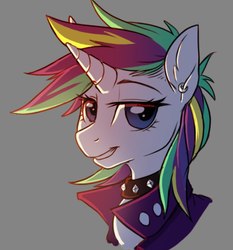 Size: 826x885 | Tagged: safe, artist:redchetgreen, rarity, earth pony, pony, unicorn, g4, it isn't the mane thing about you, alternate hairstyle, backlighting, bust, choker, clothes, ear piercing, earring, female, gray background, jewelry, mare, piercing, portrait, punk, raripunk, simple background, smiling, solo