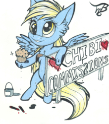 Size: 1024x1162 | Tagged: safe, artist:tillie-tmb, derpy hooves, pony, g4, chibi, female, food, muffin, sign, solo