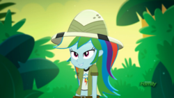 Size: 1366x768 | Tagged: safe, edit, edited screencap, screencap, rainbow dash, equestria girls, g4, leaping off the page, my little pony equestria girls: summertime shorts, clothes, hat, lip bite, midriff, pith helmet, short shirt