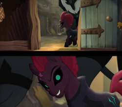 Size: 1920x1680 | Tagged: safe, edit, edited screencap, screencap, capper dapperpaws, tempest shadow, g4, my little pony: the movie, broken horn, close-up, door, eye scar, glowing eyes, grin, hiding, horn, klugetown, scar, silly little ponies, smiling, storm guard