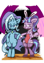 Size: 600x850 | Tagged: safe, artist:28人目, starlight glimmer, trixie, pony, unicorn, g4, bipedal, bunny suit, cape, clothes, cuffs (clothes), duo, fishnet stockings, hat, leotard, standing, trixie's cape, trixie's hat