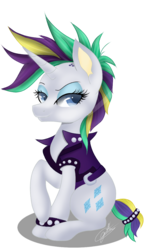 Size: 720x1084 | Tagged: safe, artist:sweetkllrvane, rarity, pony, unicorn, g4, it isn't the mane thing about you, alternate hairstyle, clothes, female, jacket, looking at you, mare, punk, raised hoof, raripunk, short hair, signature, simple background, smiling, solo, transparent background