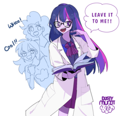 Size: 941x900 | Tagged: safe, artist:dusty-munji, pinkie pie, rainbow dash, twilight sparkle, equestria girls, g4, book, clothes, dialogue, female, glasses, lab coat, open mouth, shirt, simple background, smiling, trio, white background