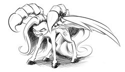 Size: 1765x1024 | Tagged: safe, artist:azanny, fluttershy, changeling, fanfic:austraeoh, g4, angry, fanfic, fanfic art, female, monochrome, scorpion tail, solo, unshorn fetlocks