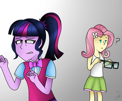 Size: 1200x1000 | Tagged: safe, artist:sweetpieee, fluttershy, sci-twi, twilight sparkle, human, equestria girls, g4, bowtie, clothes, glasses, question mark, velma dinkley moment