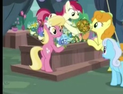 Size: 552x421 | Tagged: safe, screencap, carrot top, golden harvest, lily, lily valley, roseluck, g4, it isn't the mane thing about you, bipedal, flower