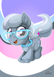 Size: 955x1351 | Tagged: safe, artist:mysticalpha, silver spoon, earth pony, pony, g4, female, filly, glasses, open mouth, smiling, solo