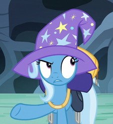 Size: 563x621 | Tagged: safe, screencap, trixie, pony, g4, to where and back again, cropped, eyeroll, female, hat, mare, raised hoof, skeptical, solo, wizard hat