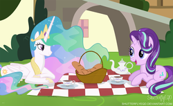 Size: 3241x1979 | Tagged: safe, artist:shutterflyeqd, princess celestia, starlight glimmer, alicorn, pony, unicorn, g4, basket, beautiful, bread, conversation, crown, cup, cute, cutie mark, duo, ethereal mane, female, flowing mane, folded wings, food, glimmerbetes, grass, jewelry, looking at each other, mare, multicolored mane, multicolored tail, picnic, picnic basket, picnic blanket, prone, purple eyes, regalia, royalty, smiling, tea, teacup, teapot, tiara