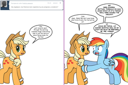 Size: 1204x800 | Tagged: safe, artist:dekomaru, applejack, rainbow dash, pony, tumblr:ask twixie, g4, ask, female, lesbian, panic, ship:appledash, shipping, tumblr