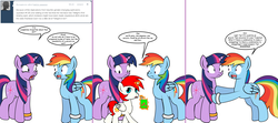 Size: 1808x800 | Tagged: safe, artist:dekomaru, rainbow dash, twilight sparkle, oc, oc:mars, alicorn, pony, tumblr:ask twixie, g4, ask, colt, female, implied appledash, implied lesbian, implied pregnancy, implied shipping, juice, juice box, lesbian, male, panic, ship:twidash, shipping, tumblr