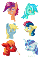 Size: 600x849 | Tagged: safe, artist:drawirm, big macintosh, bon bon, derpy hooves, lyra heartstrings, scootaloo, shining armor, sweetie drops, earth pony, pegasus, pony, unicorn, g4, blushing, bust, colored pupils, crying, floppy ears, grin, happy, portrait, sad, simple background, smiling, white background