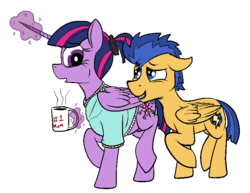 Size: 766x590 | Tagged: safe, artist:thebathwaterhero, flash sentry, twilight sparkle, alicorn, pony, g4, alternate hairstyle, coffee mug, female, male, mare, mug, pregnant, ship:flashlight, shipping, stallion, straight, twilight sparkle (alicorn)