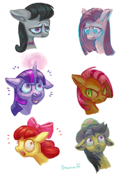 Size: 600x849 | Tagged: safe, artist:drawirm, apple bloom, babs seed, daring do, octavia melody, pinkie pie, twilight sparkle, g4